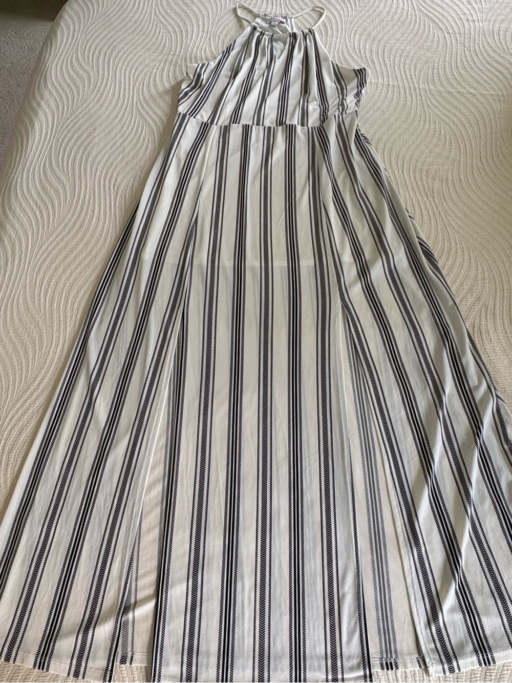 Candies long striped dress with spaghetti straps.